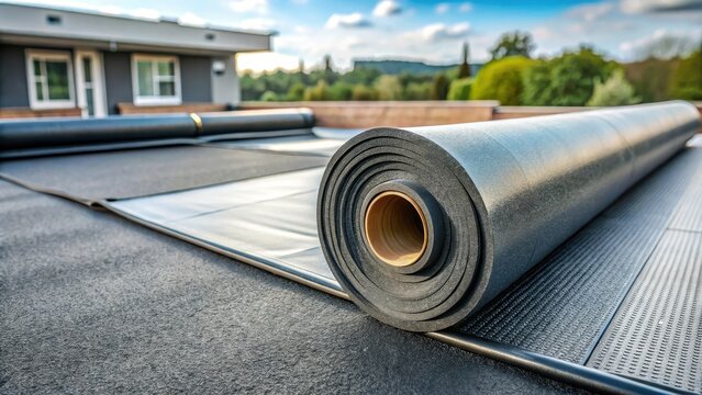 EPDM material roll on a modern roof with a dark gray roofing material in the background, showing a slight overlap between rolls, industrial materials, rolled insulation material