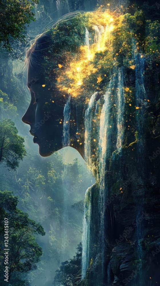 Poster surreal representation of a glowing woman merging with nature in a lush forest setting