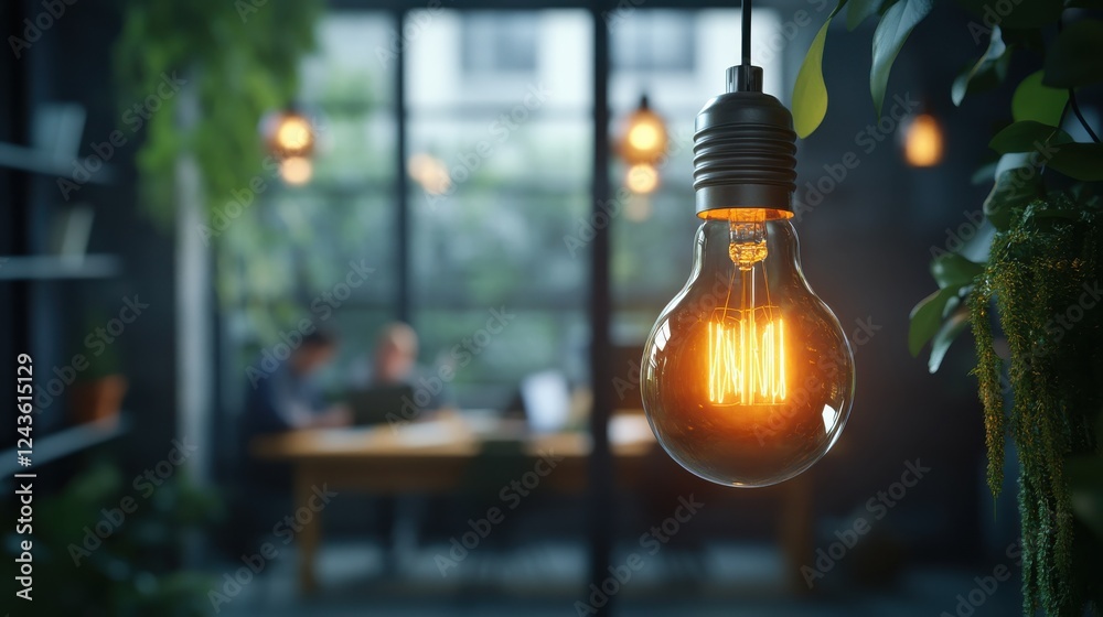 Aufkleber glowing light bulb illuminates workspace in modern office setting during late afternoon