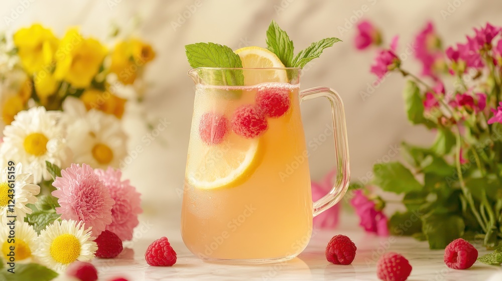 Aufkleber refreshing spring lemonade with raspberries and mint served in a glass pitcher surrounded by colorfu