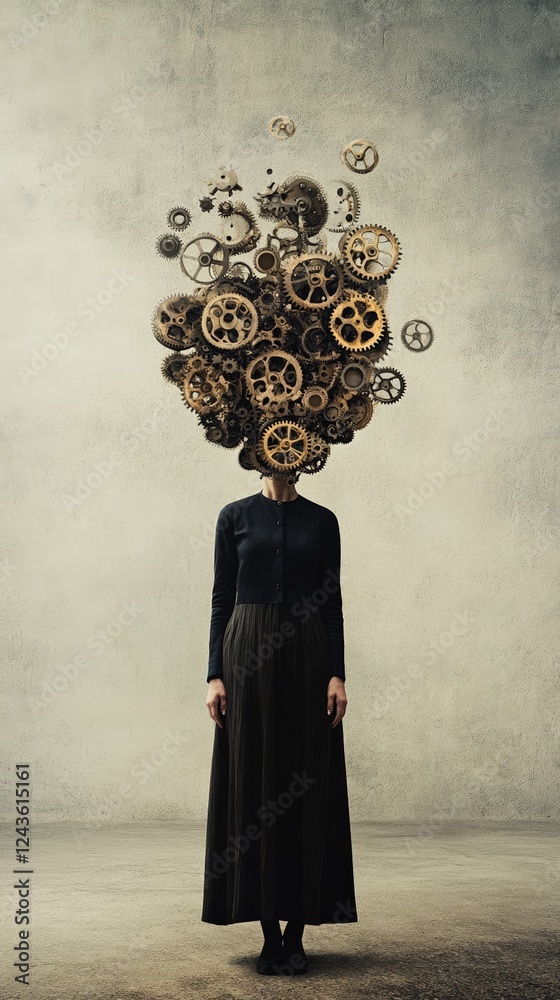 Poster surreal image depicts a woman with mechanical gears exploding from her head. symbolizing stress. bur
