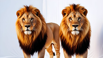 a majestic male lion, distinguished by its impressive dark mane that contrasts sharply with its lighter fur , The lion's gaze is direct and intense, looking straight at the viewer with a powerful lion