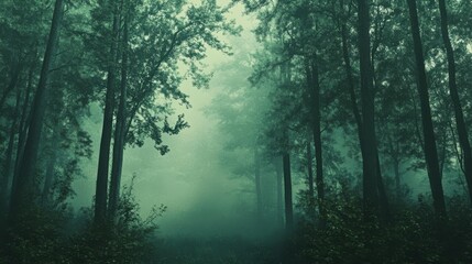 Obraz premium Deep forest exploration revealing tranquil green foliage enveloped in morning mist