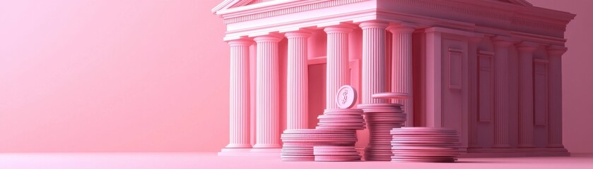 Fototapeta premium A stylized pink architectural structure with columns and steps, creating a whimsical and modern aesthetic.