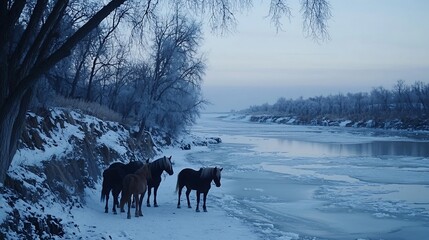 Winter horses by frozen river; snowy landscape background; nature photography