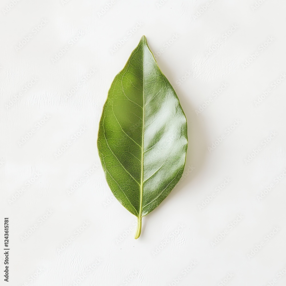 Poster fresh bay leaf displayed on a light surface showcasing its vibrant green color and smooth texture