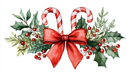 Christmas Watercolor Illustration of Holly, Candy Cane and Red Bow. Festive Holiday Decor