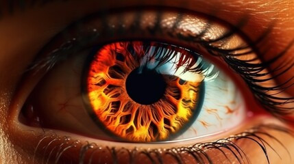 Stunning Close-Up of a Beautiful Eye Featuring an Intricate Iris Design with Fiery Colors and Lifelike Detail in 4K Resolution
