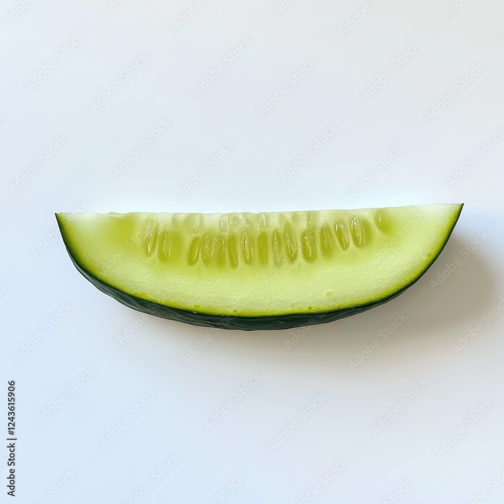 Poster fresh cucumber slice showing vibrant green color and moist texture on a clean white background