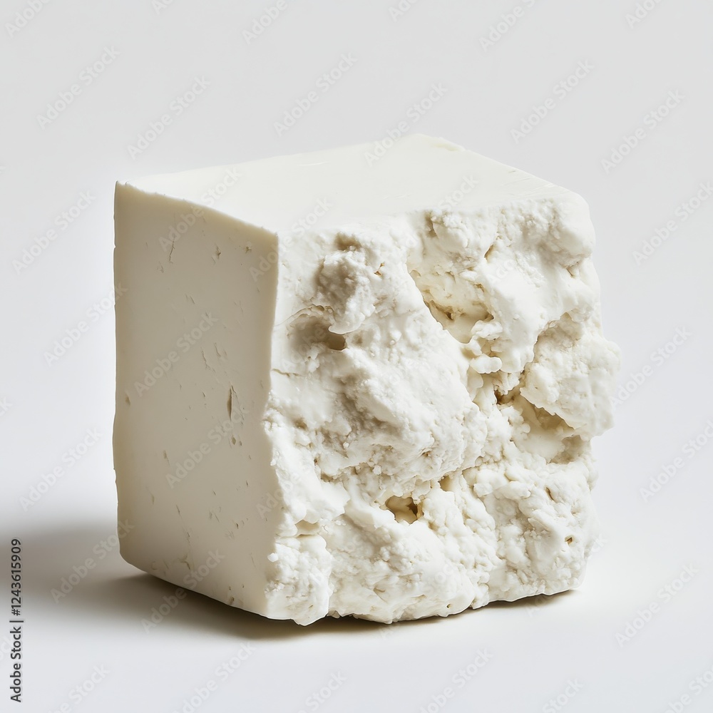 Poster crumbly feta cheese cube on a plain background showcasing its texture and freshness