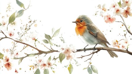 Fototapeta premium A Robin Perched on a Flowering Branch: A Watercolor Masterpiece of Springtime Nature
