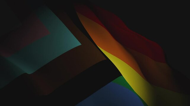 A highly detailed 3D animation of the Progress Pride flag waving gracefully under dramatic lighting. The vibrant colors and realistic fabric movement create a stunning visual effect