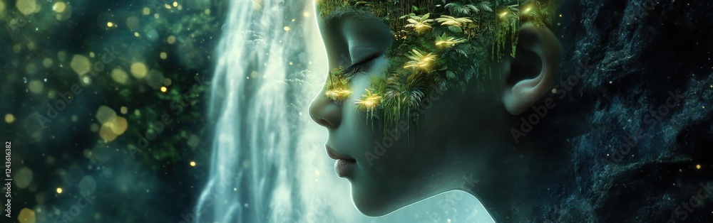 Aufkleber serene child face surrounded by nature elements and gentle waterfall in a peaceful setting