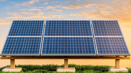 Solar Panels on Ground with Clear Sky and Soft Sunset Lighting