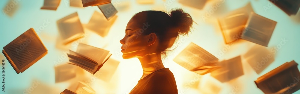 Poster woman in profile surrounded by floating books with a warm glow in a serene atmosphere