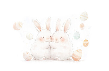 Obraz premium Two fluffy Easter bunnies share a warm hug surrounded by pastel eggs