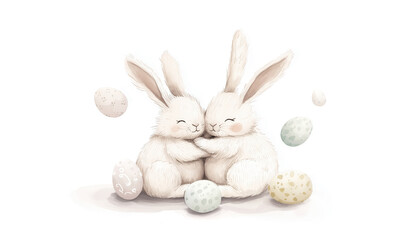 Obraz premium Two fluffy rabbits embrace in a heartwarming Easter illustration isolated on white