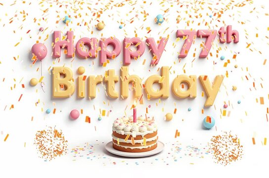 Animated 3D Happy 77th Birthday background video in pastel theme with floating balloons, lit candles, fireworks, and confetti shower