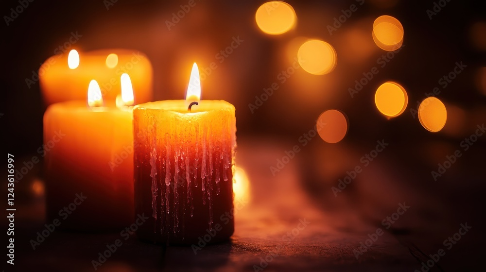 Poster warm brown and amber bokeh lights create a cozy atmosphere with glowing candles set against a rich b