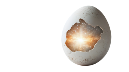 eggshell with a tiny universe inside, glowing with celestial light, on a white isolated background 