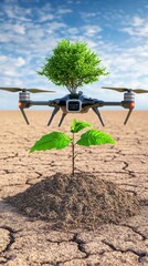 Fototapeta premium Drone Nurturing Seedling with Tree Canopy Above Dry Cracked Earth