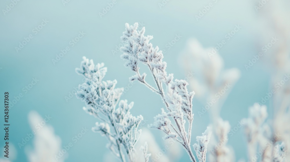 Aufkleber frost-covered branches enhanced by a pale icy blue background create a serene winter atmosphere in a