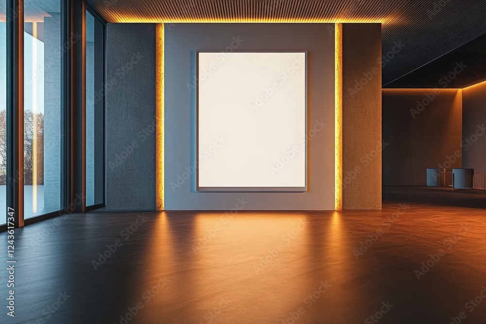 Poster modern empty gallery room with lighted walls and a large blank canvas for art display in a contempor