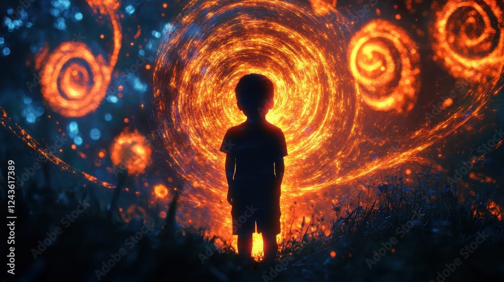 Poster mysterious glow surrounds child standing in ethereal environment at twilight