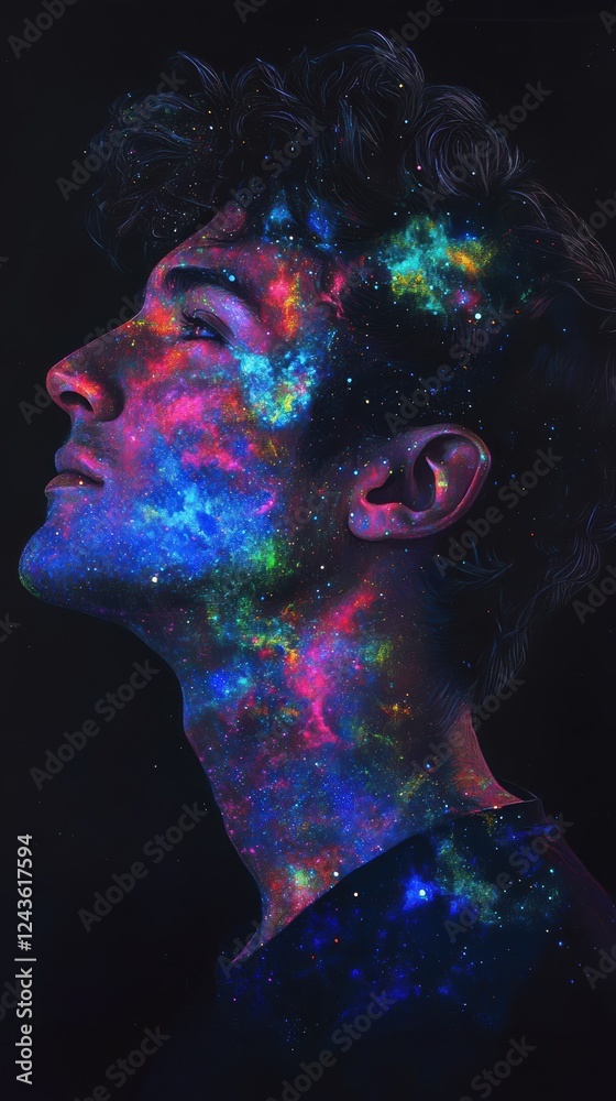 Leinwandbilder mystical profile of a man filled with cosmic colors and patterns representing the universe's wonders