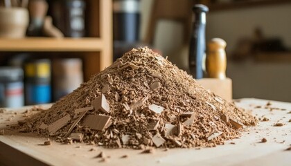 A large pile of wood shavings rests on a workbench