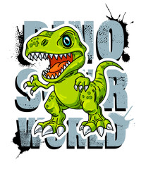 Vector illustartion of cartoon dinosaur  and graffiti words isolated on white background. Hand draw style