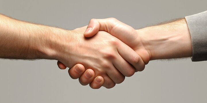 Solid Handshake: Two hands firmly clasp in a handshake, symbolizing trust, agreement, and partnership. The image conveys a sense of reliability and mutual respect.