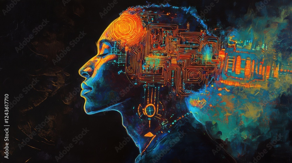 Aufkleber Mystical profile of a man surrounded by vibrant circuitry and ethereal colors reflecting inner thoughts and emotions