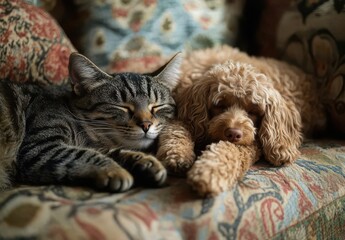Cozy Companions: A Cherished Moment of a Sleeping Tabby Cat and a Relaxed Toy Poodle on an Elegant Couch Surrounded by Vintage Pillows