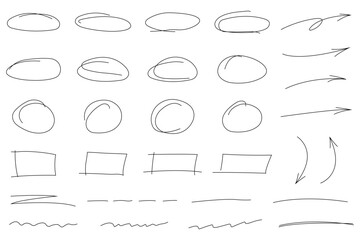 Hand drawn elements for highlighting and emphasising text.Set of arrows,lines,strokes,ovals,rectangles isolated on transparent background.Marker doodle sketch.Vector illustration.