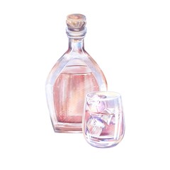 Bottle Of Alcohol, Dark Rum And Low Rocks Glass With Ice, Watercolor Illustration On A White Background