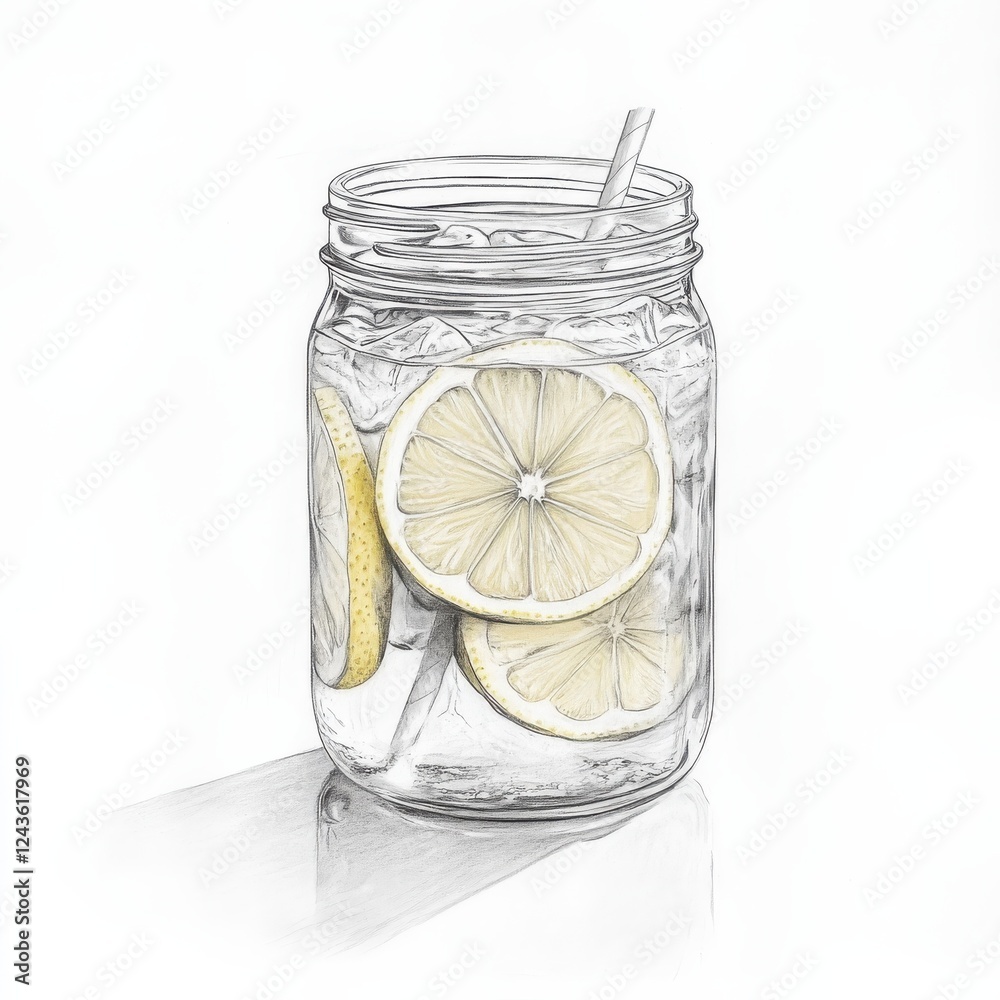 Poster lemonade filled mason jar with fresh lemon slices and ice ready for a refreshing drink on a warm day