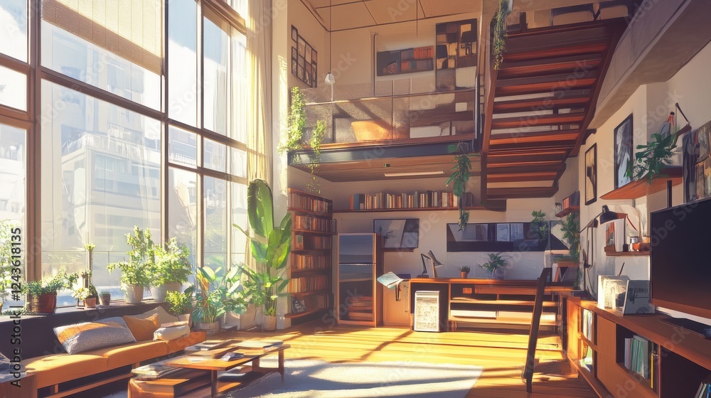 Poster Modern loft-style apartment featuring a split-level design with abundant natural light and greenery in a serene urban setting
