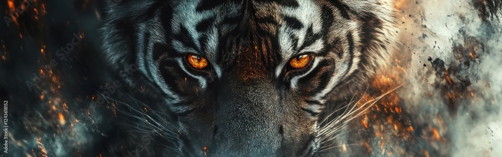 Poster stunning macro capture of a tiger's face revealing fierce eyes and intricate fur details in a natura