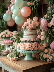 Two-tiered naked cake adorned with peach roses, pastel balloons, and floral arrangements on a rustic wooden table.