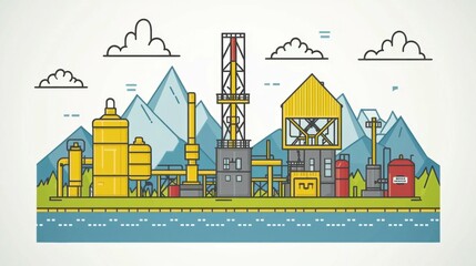 Fototapeta premium Pixel-perfect oil and gas refinery line icon set with editable stroke weight, featuring industrial elements such as refining units, pipelines, tanks, pumps, and processing equipment.