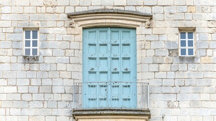 Fototapeta premium Vintage Blue Door and Windows on Historic Stone Building Exterior