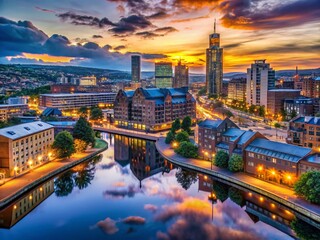 Fototapeta premium Sheffield City Skyline Dusk Aerial Long Exposure Victoria Quays