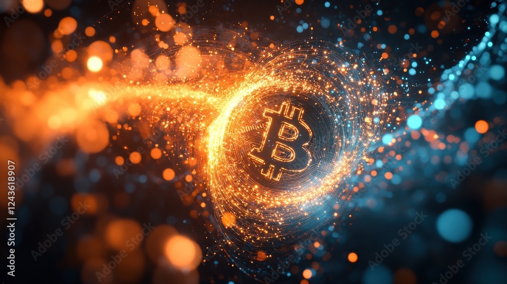 Poster Glowing Bitcoin symbol intertwined in a dynamic swirl of orange and blue particles