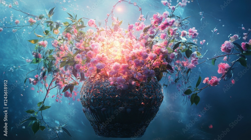 Aufkleber glowing double exposure of an ornate easter basket filled with vibrant pink flowers and illuminated 