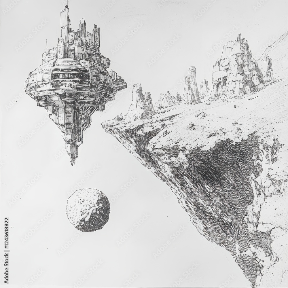 Poster futuristic space habitat suspended above rocky terrain with a distant asteroid in the foreground