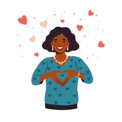 Young black woman making heart shape with hands. Vector flat style illustration