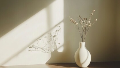 Dried Flowers in White Vase Sunlit Wall