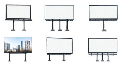 Digital billboards displaying advertisements in urban cityscape isolated on transparent background