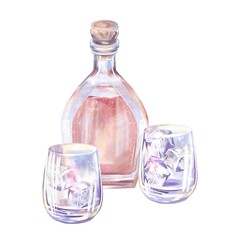 Bottle Of Alcohol, Dark Rum And Two Low Glasses With Ice, Watercolor Illustration On A White Background